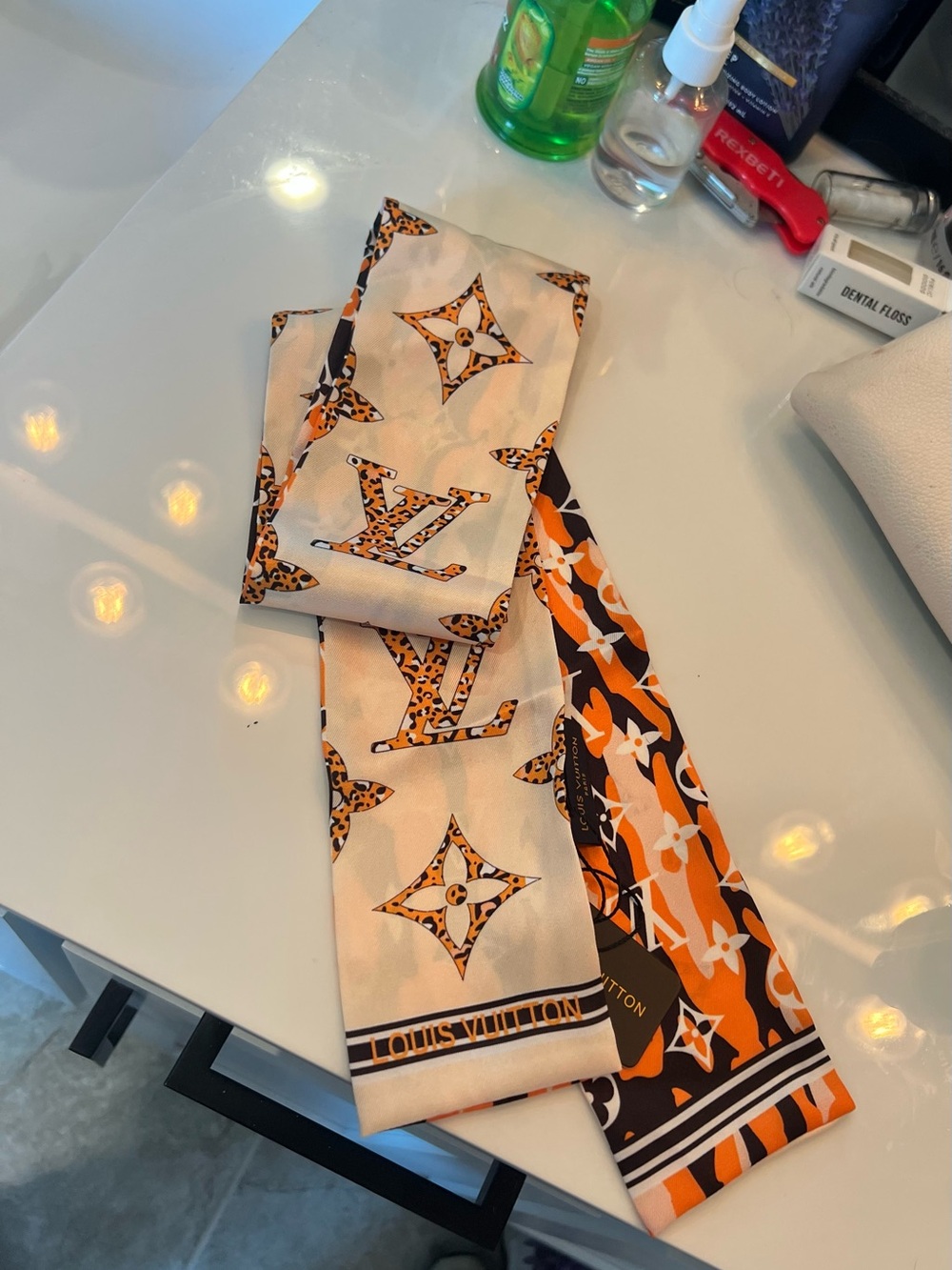 Louis Vuitton Monogram Orange & Cream Silk Twilly Scarf - Picture 5 of 7